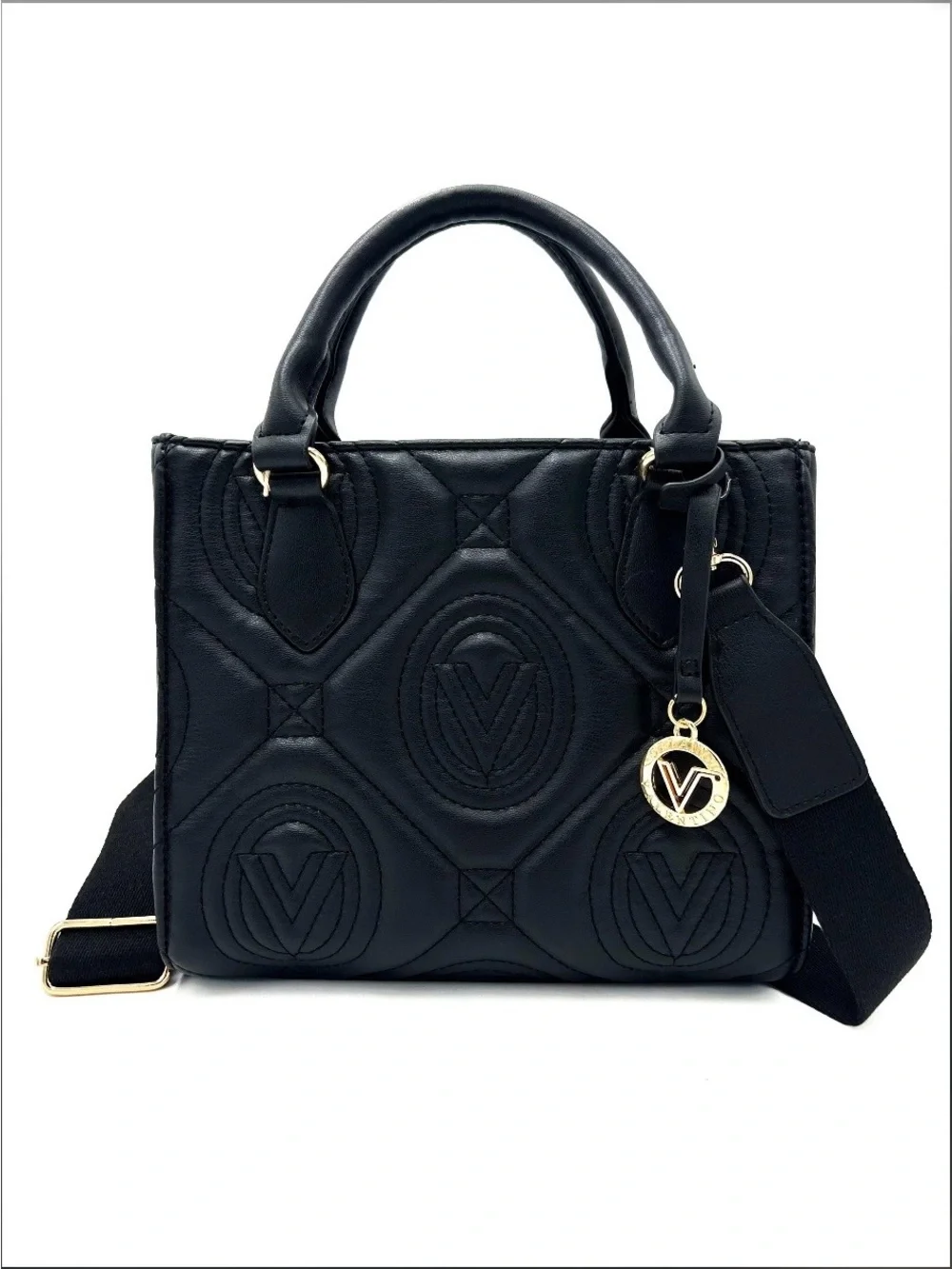 Valentino Orlandi Black Quilted Vegan Leather Satchel with Gold Logo Charm NWT